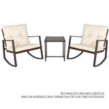 SUNCROWN Outdoor Patio Furniture 3-Piece Bistro Set Brown Wicker Rocking Chair - Two Chairs with Glass Coffee Table (Beige Cushion)