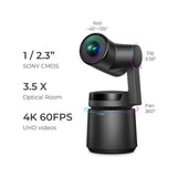 OBSBOT Tail AI Camera, 4K/60fps Video and 12 MP Photos,3-Axis Gimbal with Integrated Camera,AI Tracking Shooting 360，Attachable to Smartphone, Android, iPhone（Black）