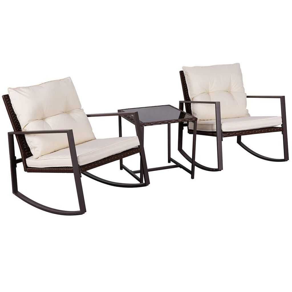 SUNCROWN Outdoor Patio Furniture 3-Piece Bistro Set Brown Wicker Rocking Chair - Two Chairs with Glass Coffee Table (Beige Cushion)