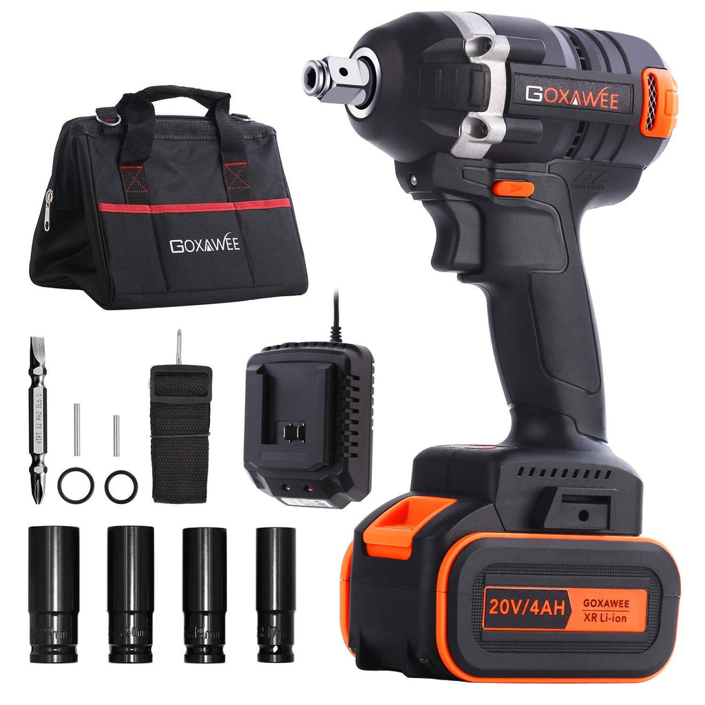 Cordless Impact Wrench 1/2 Inch - GOXAWEE 20V Electric Impact Gun (4Ah Battery, 300Nm, Brushless, 1/2 & 1/4 Inch Quick Chuck, 2-Speed, Tool Bag) - High Torque Impact Driver Kit for Home & DIY Project