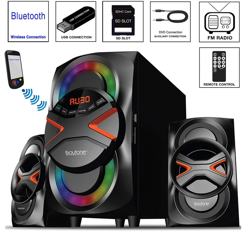 Boytone BT-326F, 2.1 Bluetooth Powerful Home Theater Speaker System, with FM Radio, SD USB Ports, Digital Playback, 40 Watts, Disco Lights, Full Function Remote Control, for Smartphone, Tablet.