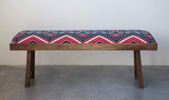 Creative Co-Op Mango Wood Bench in Navy & Red Kilim Fabric