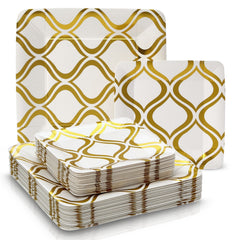 DELUXE DISPOSABLE 432 PC DINNERWARE SET | 216 Dinner Plates and 216 Side Plates  | Heavy Duty Disposable Paper Plates |  for Upscale Wedding and Dining (Moroccan Collection-Gold/White)