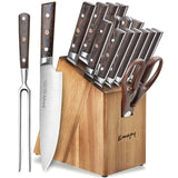 Knife Set, 16-Piece Kitchen Knife Set with Carving Fork, Precious Wengewood Handle for Chef Knife Set with Block, German Stainless Steel, Emojoy