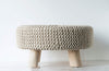 Creative Co-op Wood and Cotton Knit Round Ottoman Stool, Off- Off-White