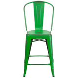 Flash Furniture 4 Pk. 24'' High Distressed Green Metal Indoor-Outdoor Counter Height Stool with Back