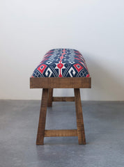 Creative Co-Op Mango Wood Bench in Navy & Red Kilim Fabric