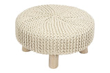 Creative Co-op Wood and Cotton Knit Round Ottoman Stool, Off- Off-White