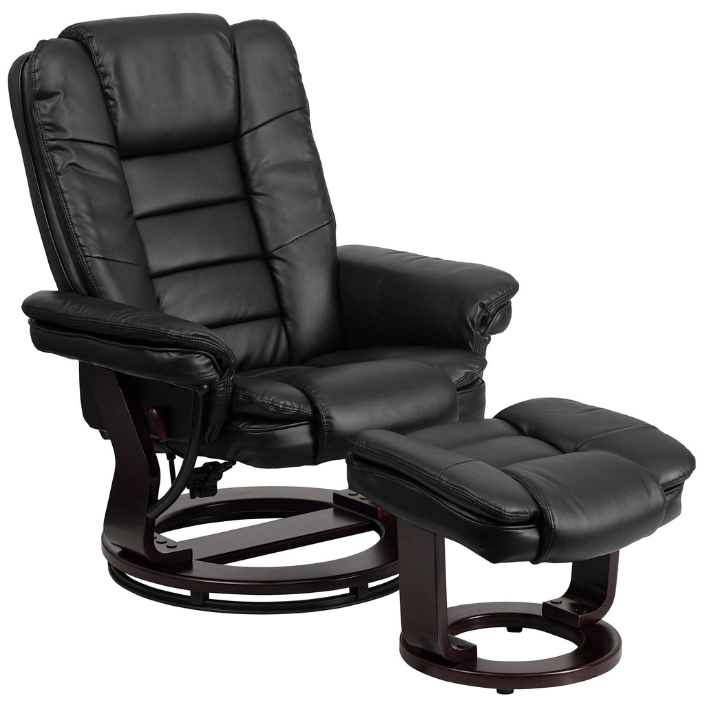 Flash Furniture Contemporary Black Leather Recliner and Ottoman with Swiveling Mahogany Wood Base