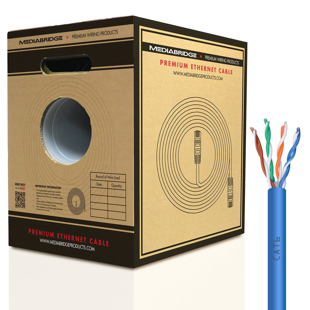 Mediabridge Pure Copper Cat6 Cable (1000 Feet, Blue) - 10Gbps Ethernet, Solid, in-Wall Rated, w/Premium Snagless Pull-Out Box - (Part# C6-1000-BLU)